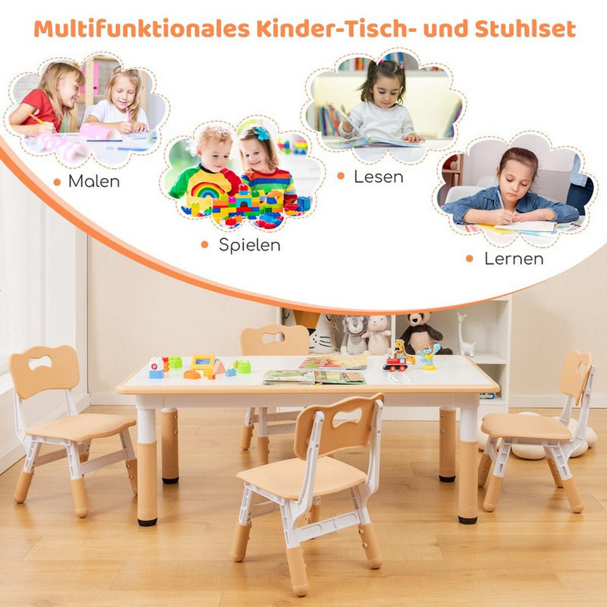 KINDERTISCH mit 4 Stühlen natur(5-tlg) - Naturfarben, Kunststoff (120/60/60cm) - COSTWAY