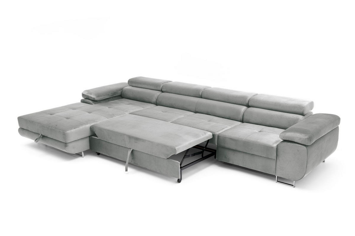 ECKSOFA ALONZO MAXI Links mit Schlaffunktion 125x195 Velours Hellgrau - Silberfarben/Hellgrau, Holz/Textil (350/203cm) - Muffo