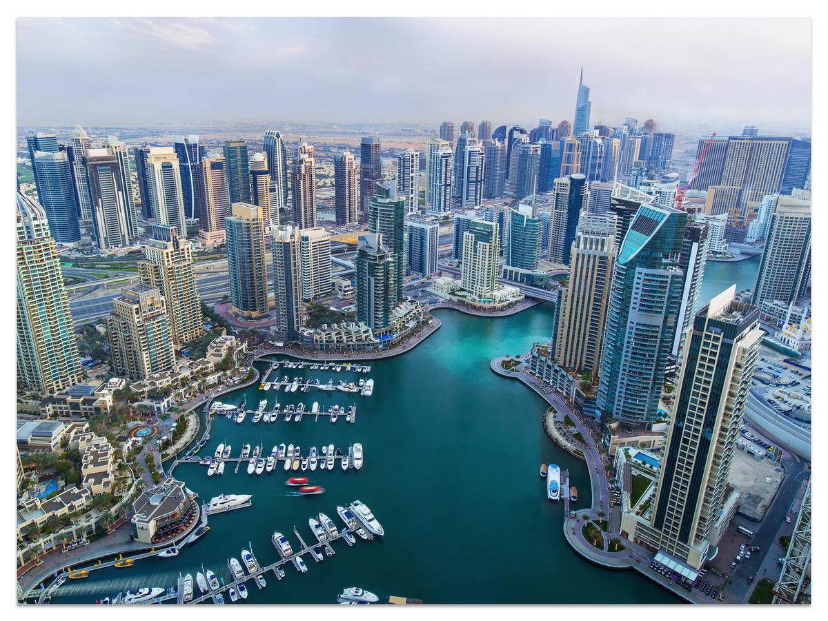 FOTOTAPETE für Wohnzimmer Dubai Vogelperspektive Wolkenkratzer 450x315 - Türkis/Blau, Papier (450/315cm) - Muralo