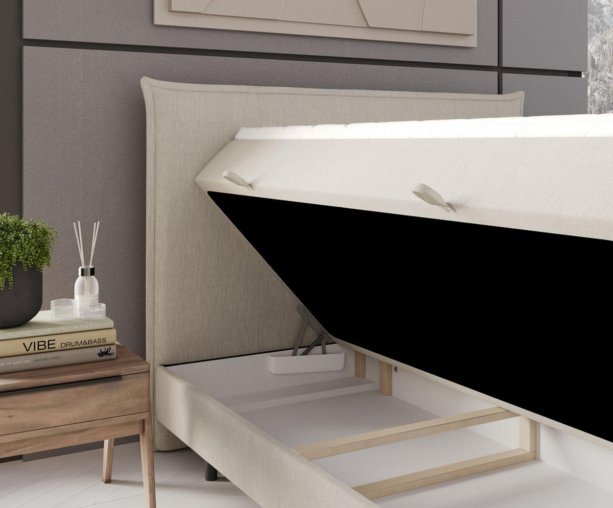 BOXBETT Menzzo Beige 180/200 cm mit Matratze und Topper - Beige/Schwarz, Holz/Holzwerkstoff (200/200cm) - Maison de Reve