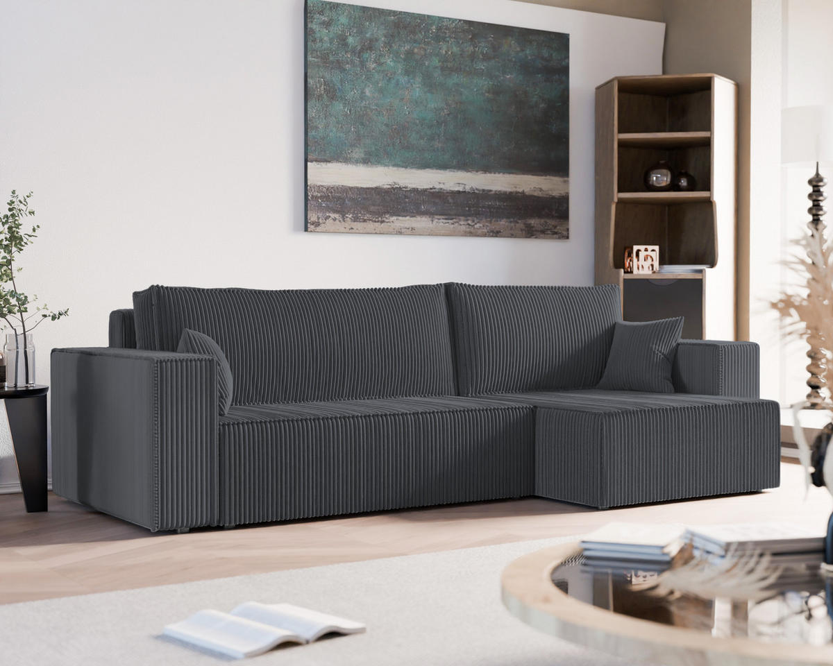 ECKSOFA mit Schlaffunktion und Bettkasten, Grau - Grau, Holzwerkstoff/Textil (145/276cm) - Idohome
