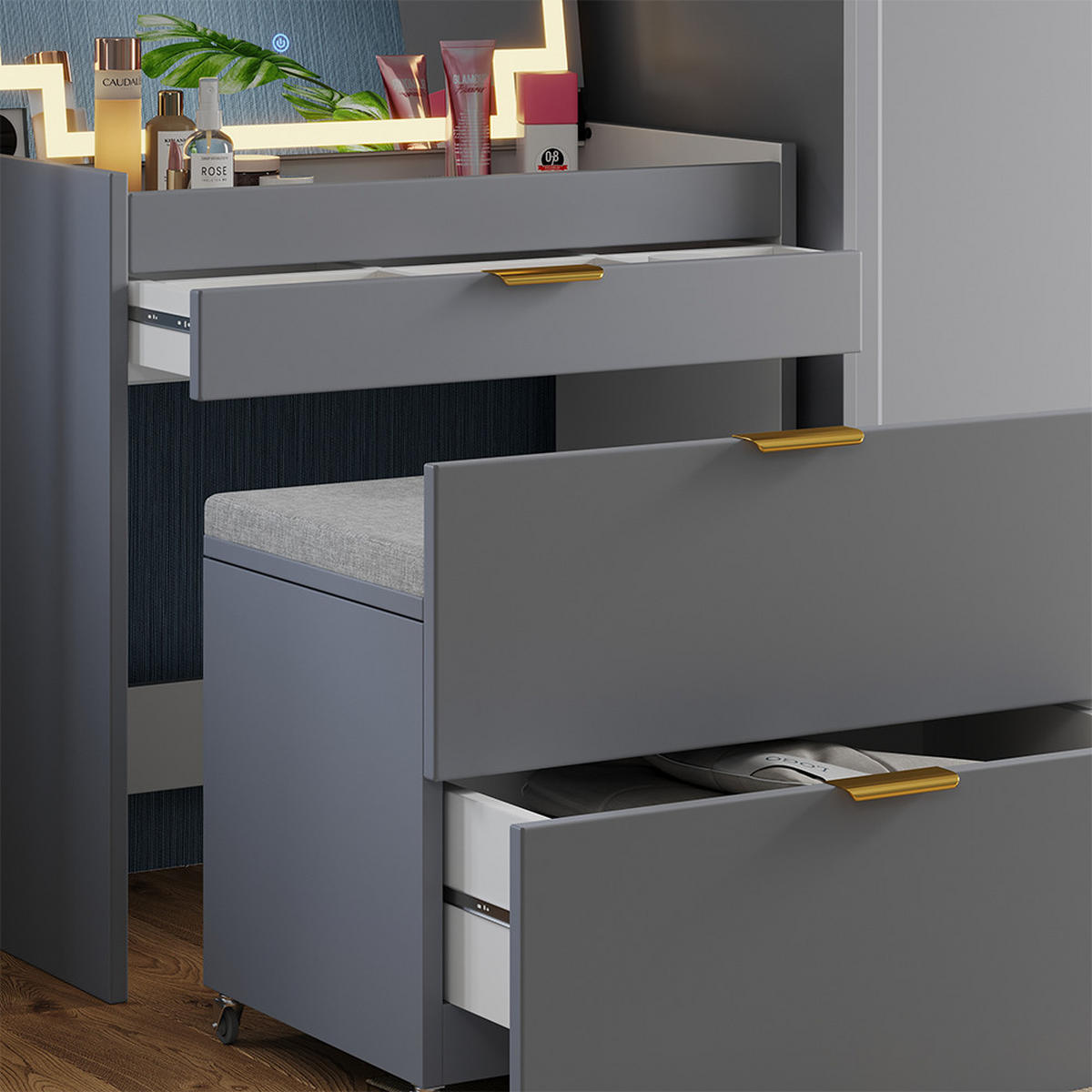 SCHMINKKOMMODE Wanja Grau 80 cm mit Bank und LED Spiegel - Grau, Holzwerkstoff (80/80/46cm) - Vicco