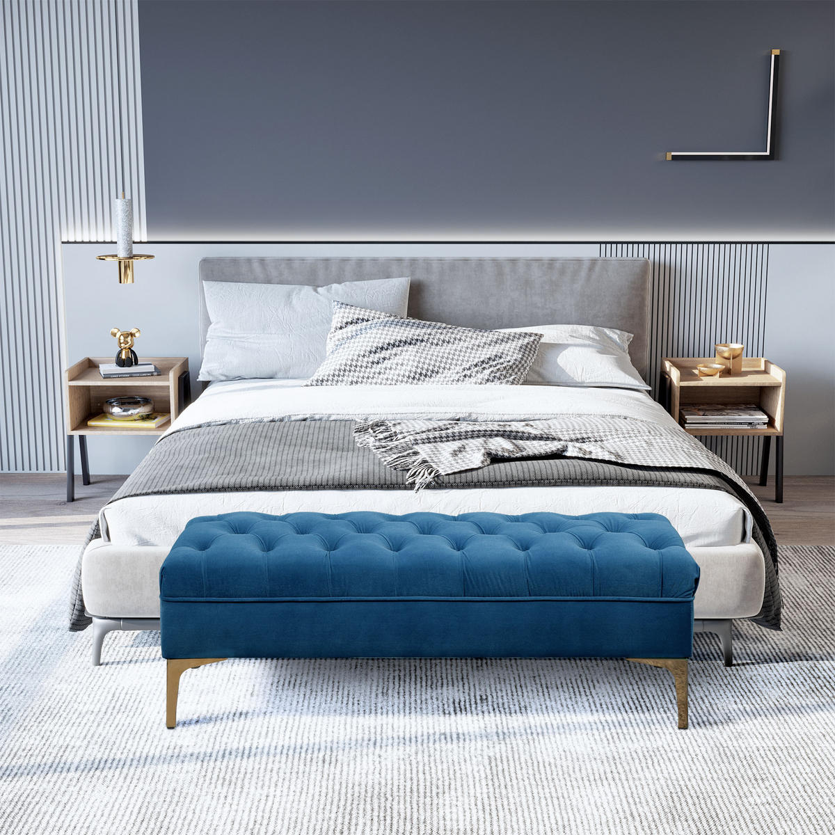 SITZBANK Bettbank Schuhbank mit erhöhten Beine Schlafzimmer Samt Blau - Blau, Kunststoff (45/42/118cm) - HOMCOM