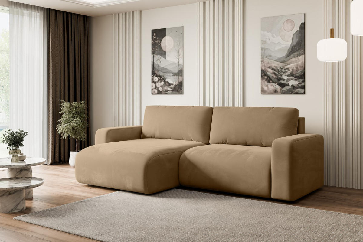 ECKSOFA mit Schlaffunktion und Bettkasten KLEEA-L - 247x143x83 cm Beige Velours - Beige/Schwarz, Holzwerkstoff/Kunststoff (247/143cm) - ALTDECOR