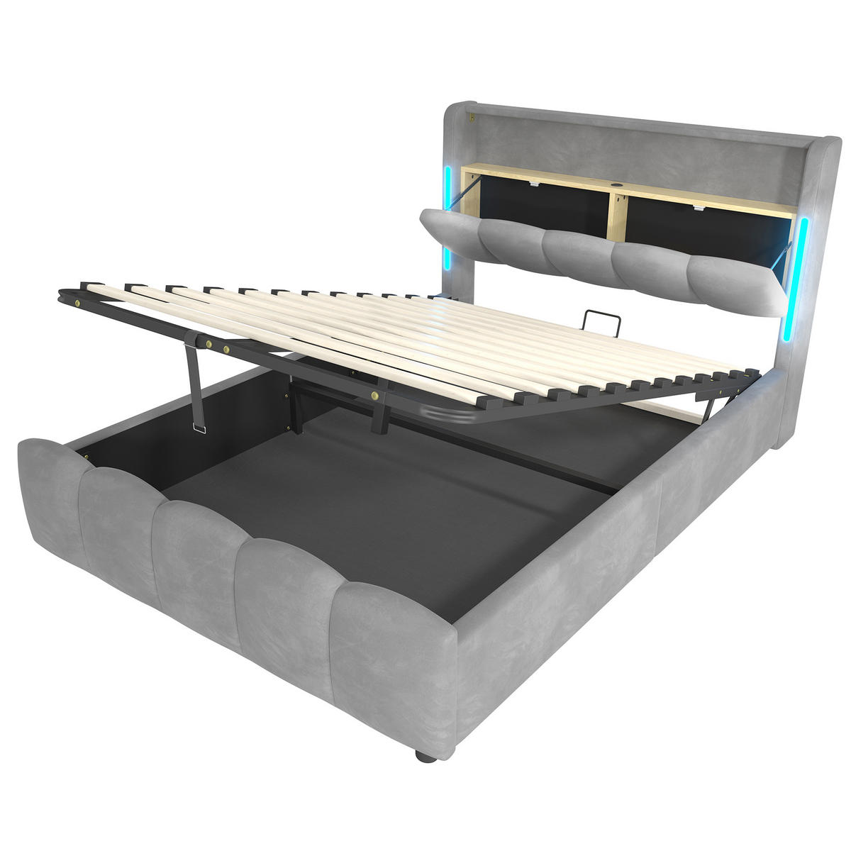 POLSTERBETT 140/200 cm in Grau Samt mit Bettkasten, LED, USB und Type-C - Grau, Holzwerkstoff/Textil (140/200cm) - WISHDOR