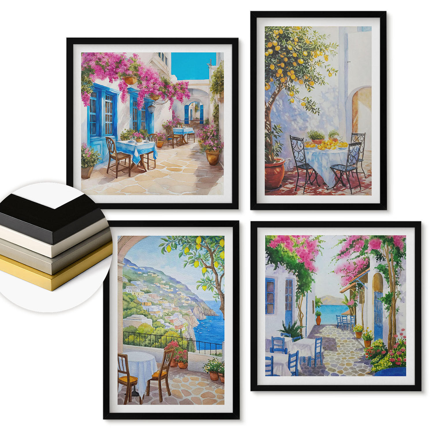 WANDBILDER 4er-Set - 50x50 cm & 40x60 cm Schwarzer Rahmen - Charmante Straßen mit Pflanzen - Schwarz, Kunststoff (50/50cm) - ArtPrintCave