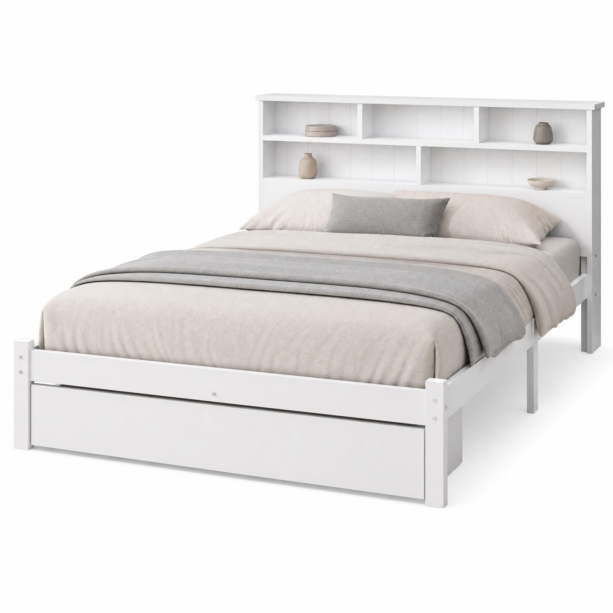 BETT 140/200 cm in Weiß mit 2 Schubladen und Regal Massivholz Design - Beige/Weiß, Holzwerkstoff (140/200cm) - STILVORA