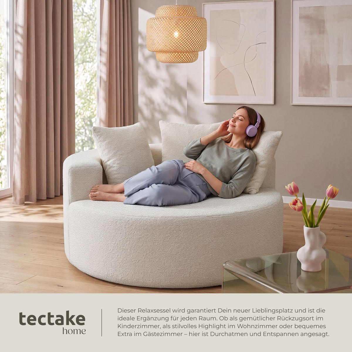 RELAXSESSEL Love, Ø 127 x 60 cm, mit 3 Kissen, Bouclé creme - Creme, Kunststoff/Textil (127/60/127cm) - tectake