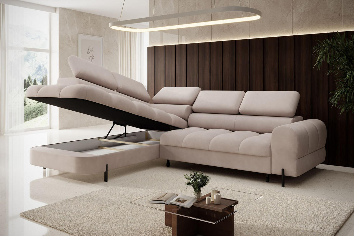 ECKSOFA BOWL L Links mit Schlaffunktion 125x195 Velours Creme - Creme/Schwarz, Holz/Textil (260/195cm) - Muffo