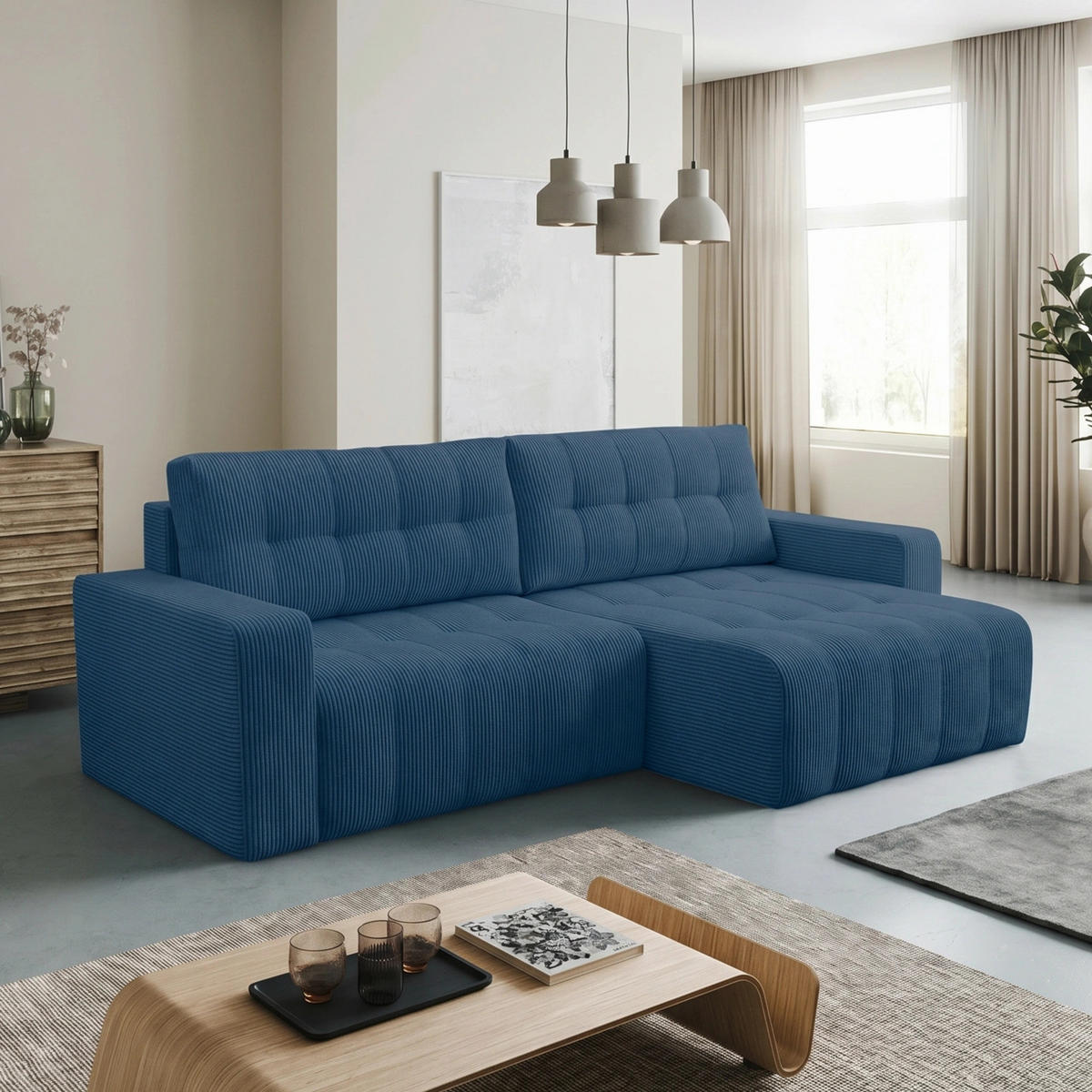 ECKSOFA Palermo mit Schlaffunktion und Bettkasten in Cordstoff - Blau, Holz/Holzwerkstoff (245/143cm) - Ravio