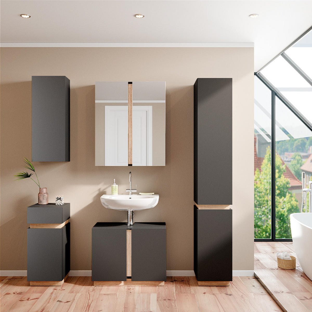 BADSCHRANK Gloria Anthrazit 33 x 197.5 cm mit 2 Türen - Anthrazit/Sonoma Eiche, Holzwerkstoff (33/197.5/35cm) - Vicco