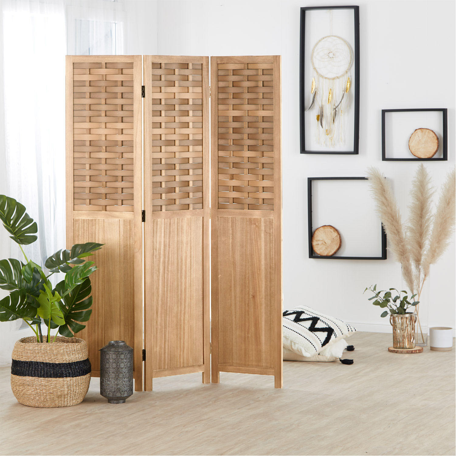 PARAVENT 3-tlg. 120/170 cm Hellbraun Rattan geflochten - Hellbraun, Holz (120/170/2cm) - Homestyle4u