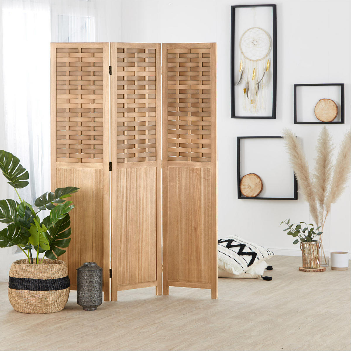 PARAVENT 3-tlg. 120/170 cm Hellbraun Rattan geflochten - Hellbraun, Holz (120/170/2cm) - Homestyle4u