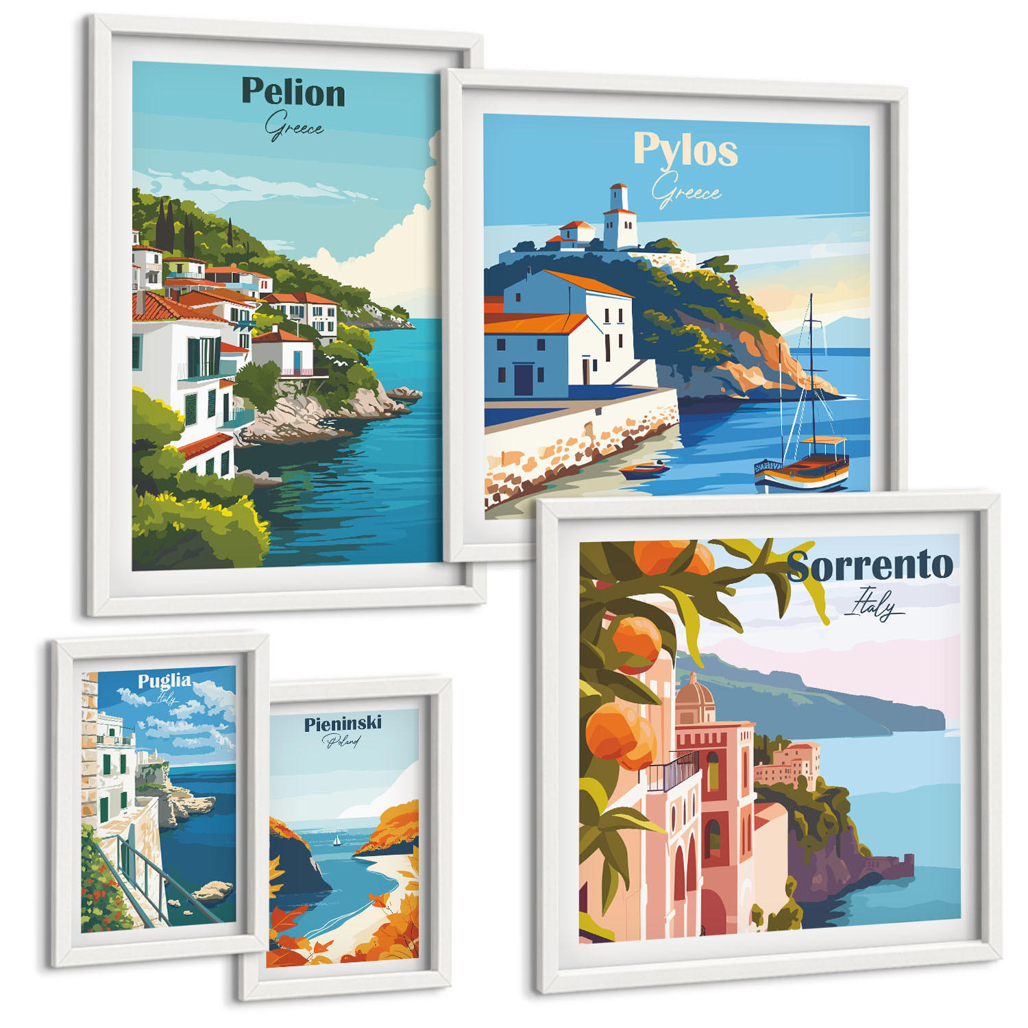 BILDER SET 5er Set - 50x50 cm & 20x30 cm & 40x60 cm Weißer Rahmen - Farbenfrohe Illustrationen von Retro-Städten - Weiß, Kunststoff (40/60cm) - TULUP