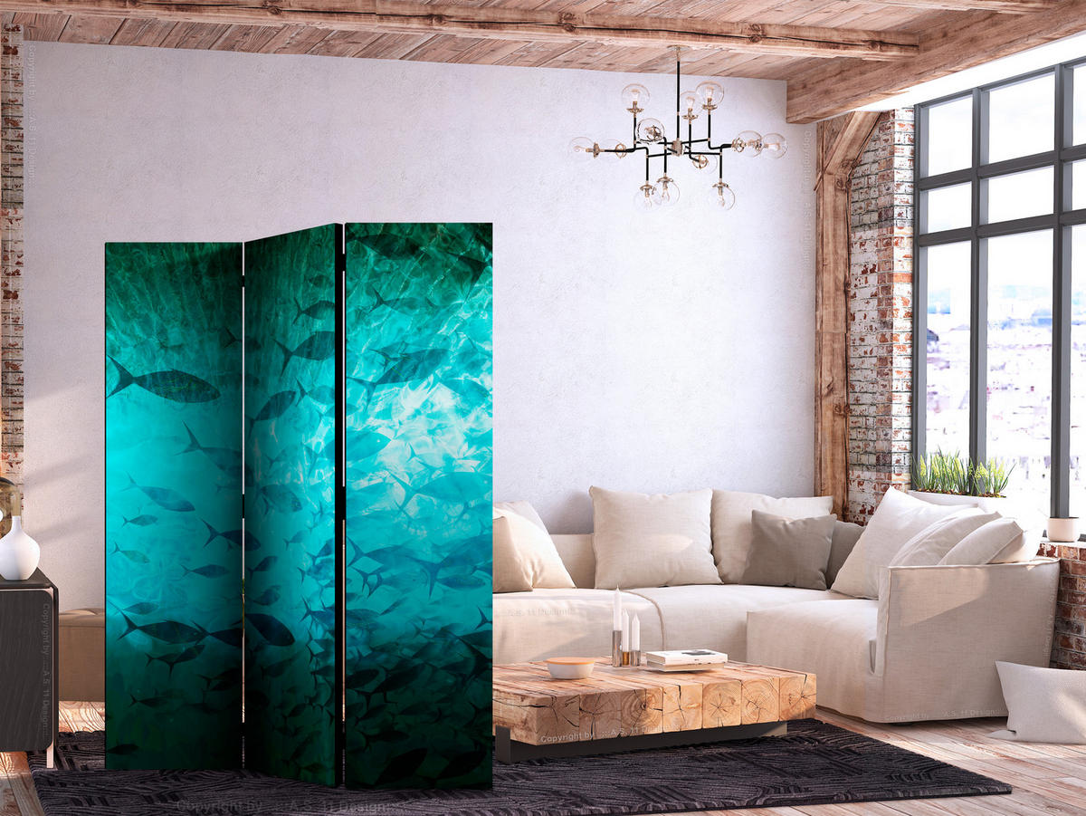 PARAVENT Akustik 3-tlg 135x172 cm Fischschwarm Natur - Blau, Holz/Textil (135/172/3cm) - Muralo