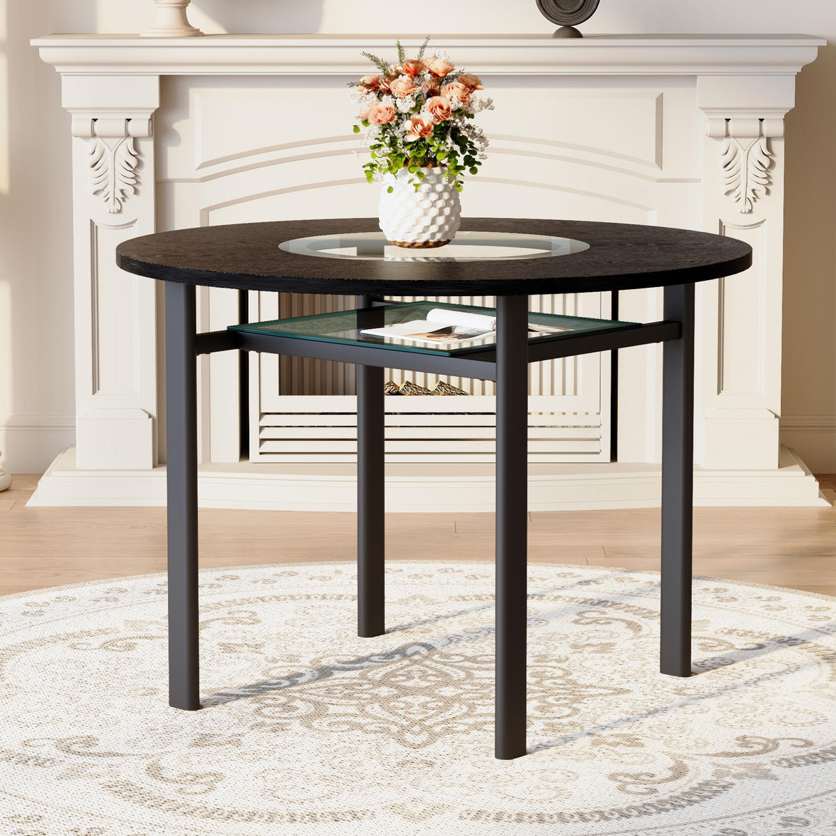 ESSTISCH 100/100/76 cm Schwarz rund mit Glaseinlage MDF und Metallgestell - Schwarz, Holzwerkstoff (100/100/76cm) - OKWISH