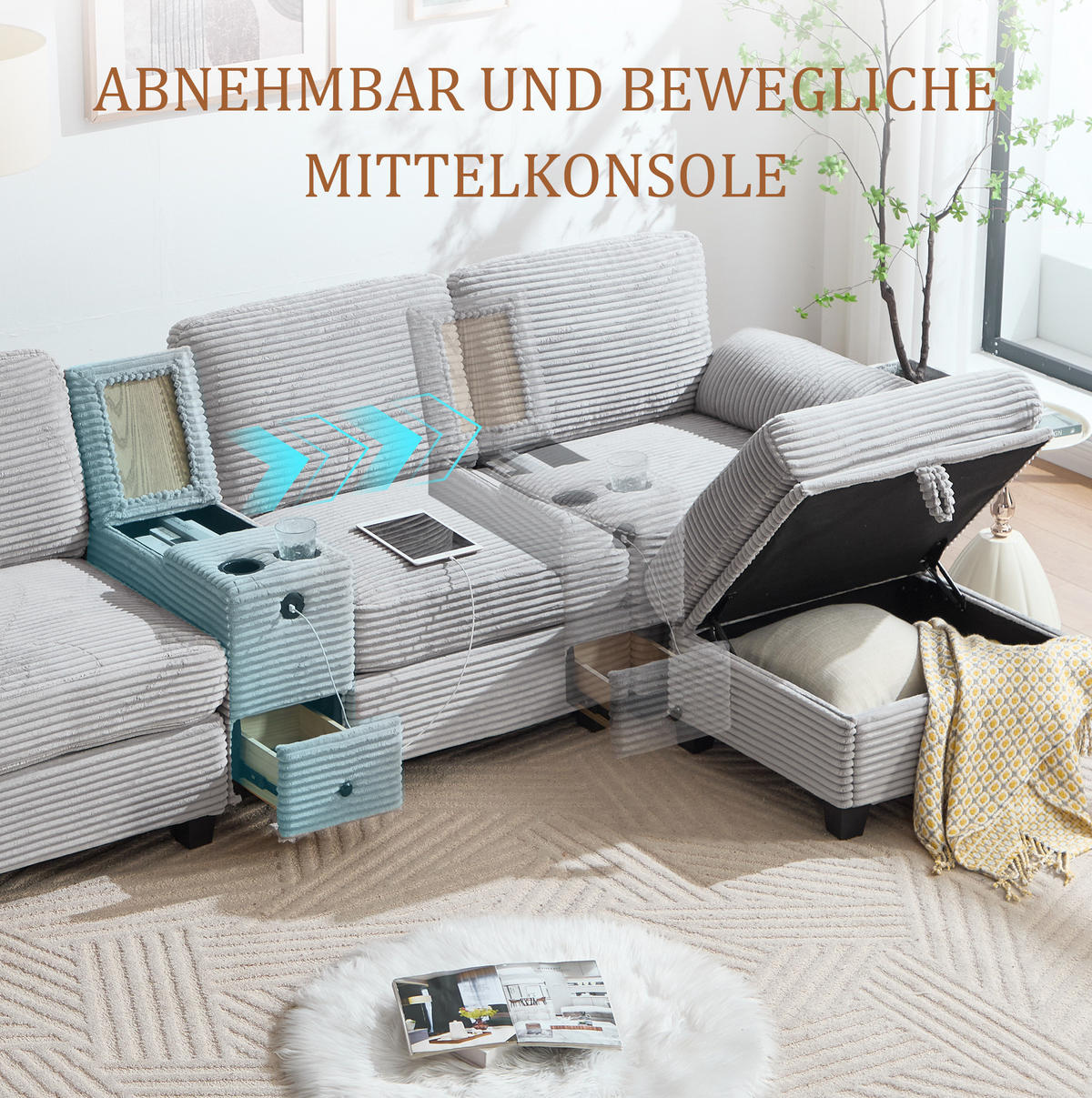 WOHNLANDSCHAFT Cord mit Stauraum und USB-Anschluss 266/136/82 cm Hellgrau - Hellgrau, Textil (136/82/266cm) - Redom