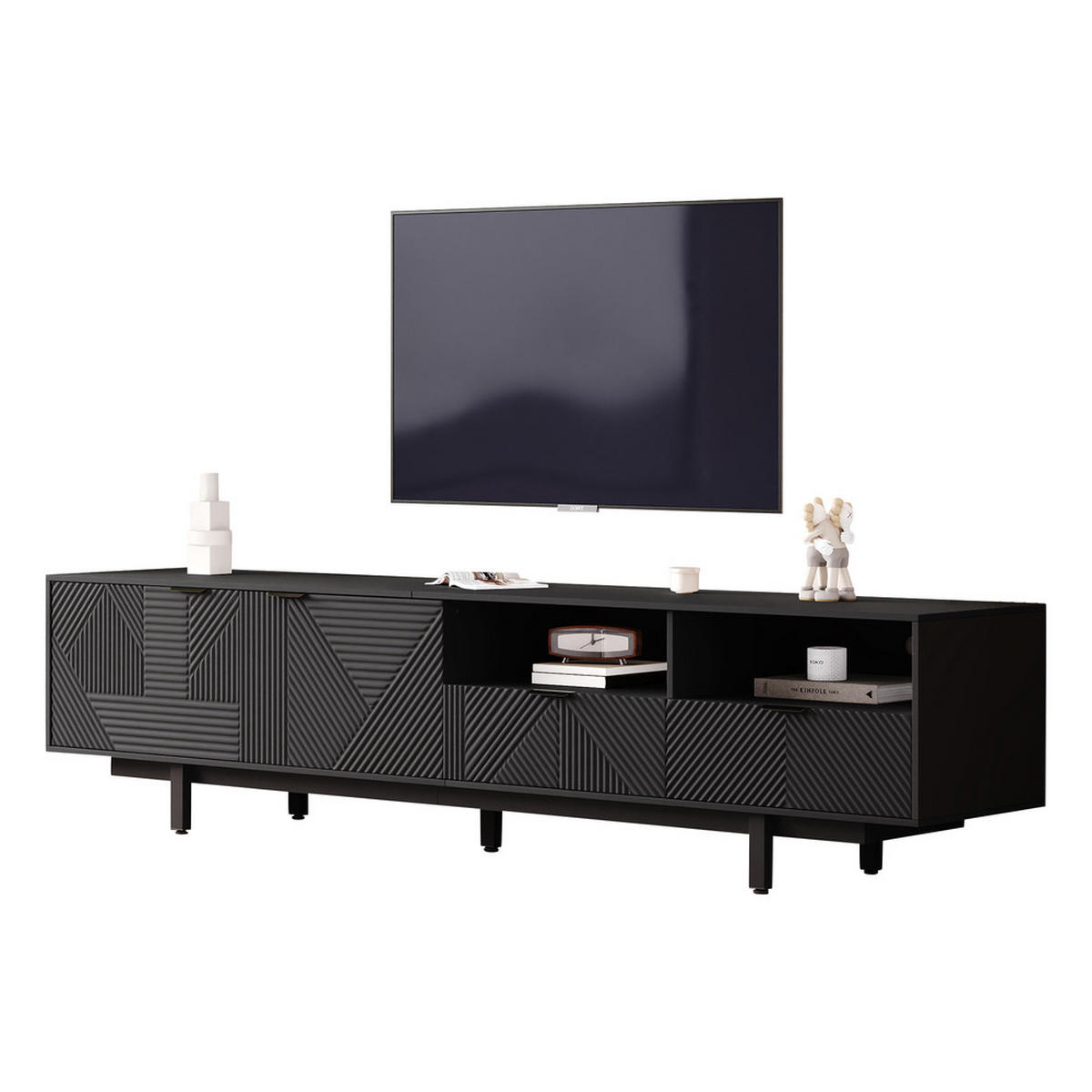 TV-SCHRANK 200x40cm Modern abstrakte Linien Stauraum Schwarz bis 90 Zoll - Schwarz, Holz (52.07/12.19/115.06cm) - FLIEKS