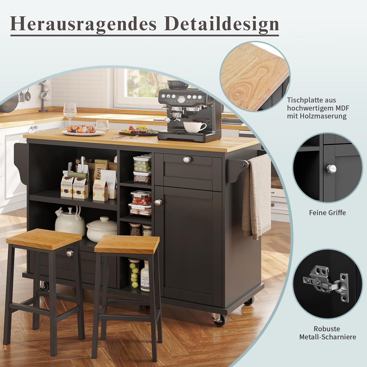 KÜCHENWAGEN mit Stauraum und Rollen Schwarz - Schwarz, Holzwerkstoff (46/92/129cm) - Urban Meuble