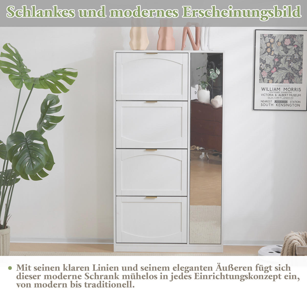 SCHUHSCHRANK Modern mit Spiegel 4 Fächer Weiß 80x24x147cm - Weiß, Holzwerkstoff (24/147/80cm) - FLIEKS