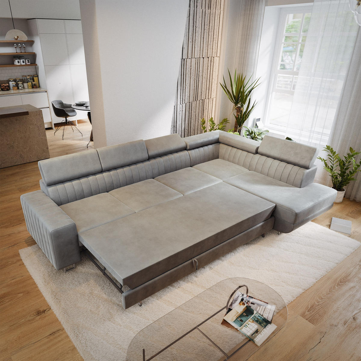 ECKSOFA HESTION Hellgrau Velours-Stoff mit Schlaffunktion - Hellgrau, Holz (332/190cm) - MASSENO