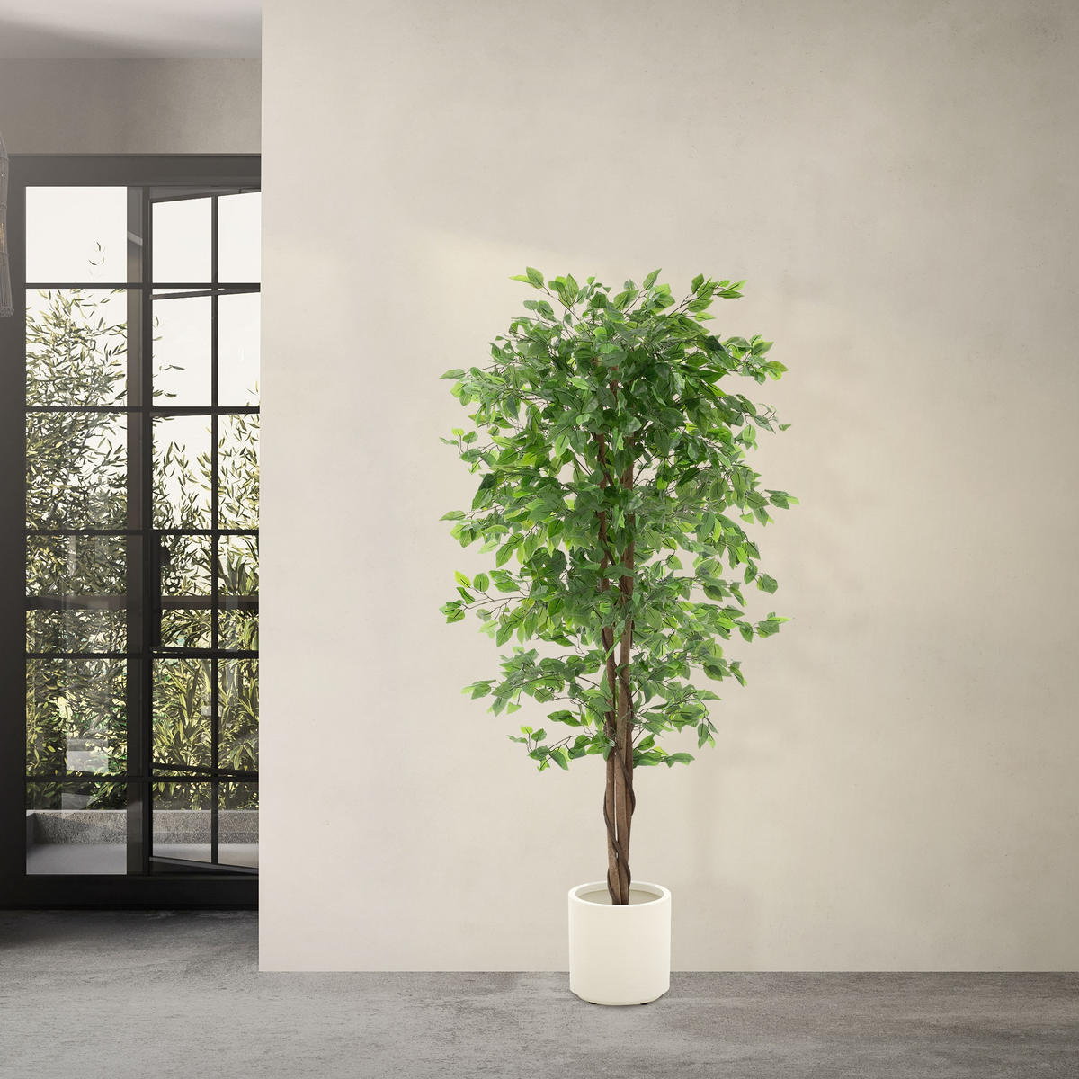 UMĚLÁ ROSTLINA Ficus 180 cm s kmenem z přírodního dřeva pro vnitřní i venkovní použití - černá/zelená barva, textil/plast (180cm) - ML-DESIGN