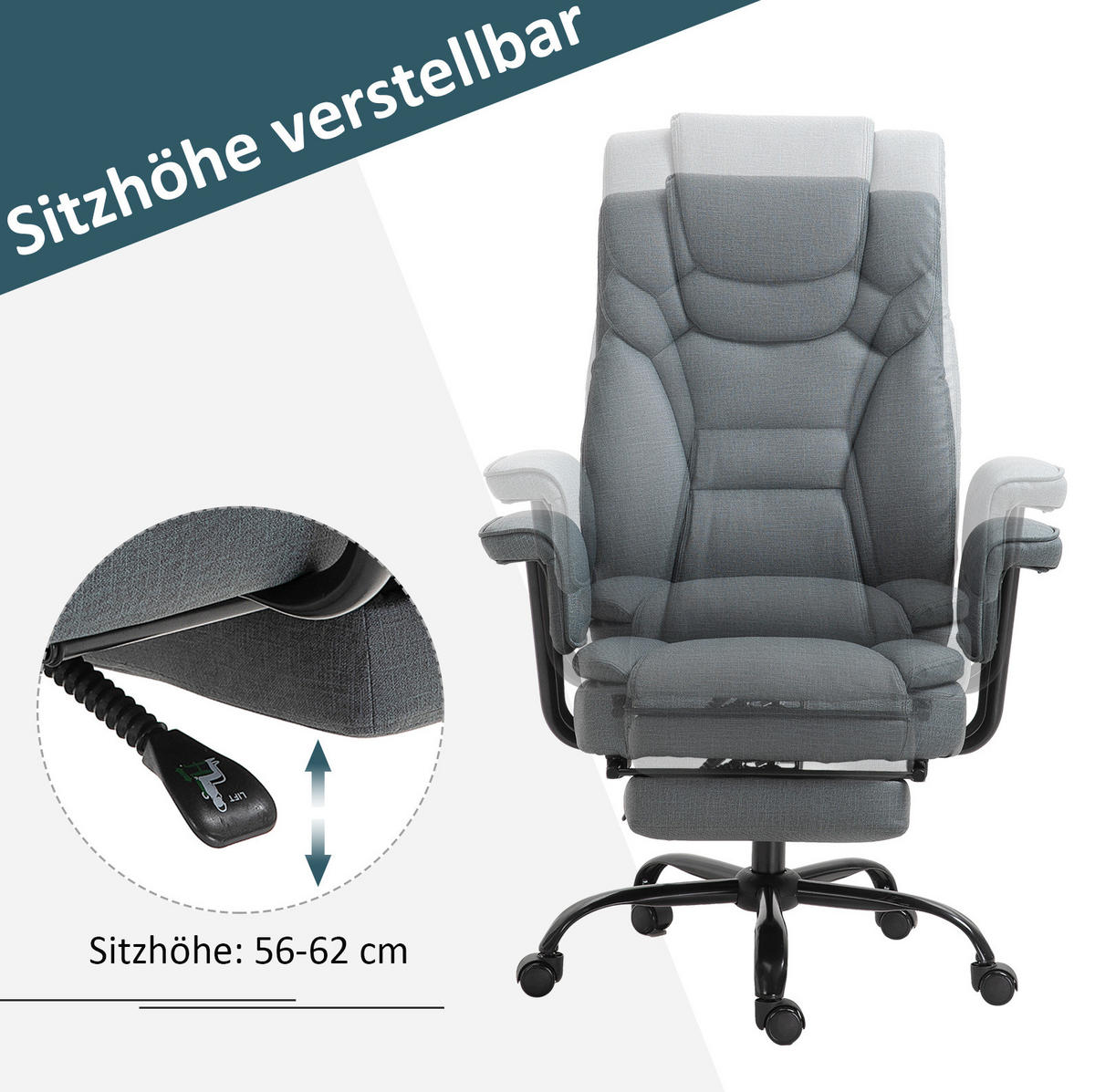 BÜROSTUHL ergonomisch mit Liegefunktion Kunstleder Grau - Grau, Kunststoff (80/126/68cm) - Meubliv