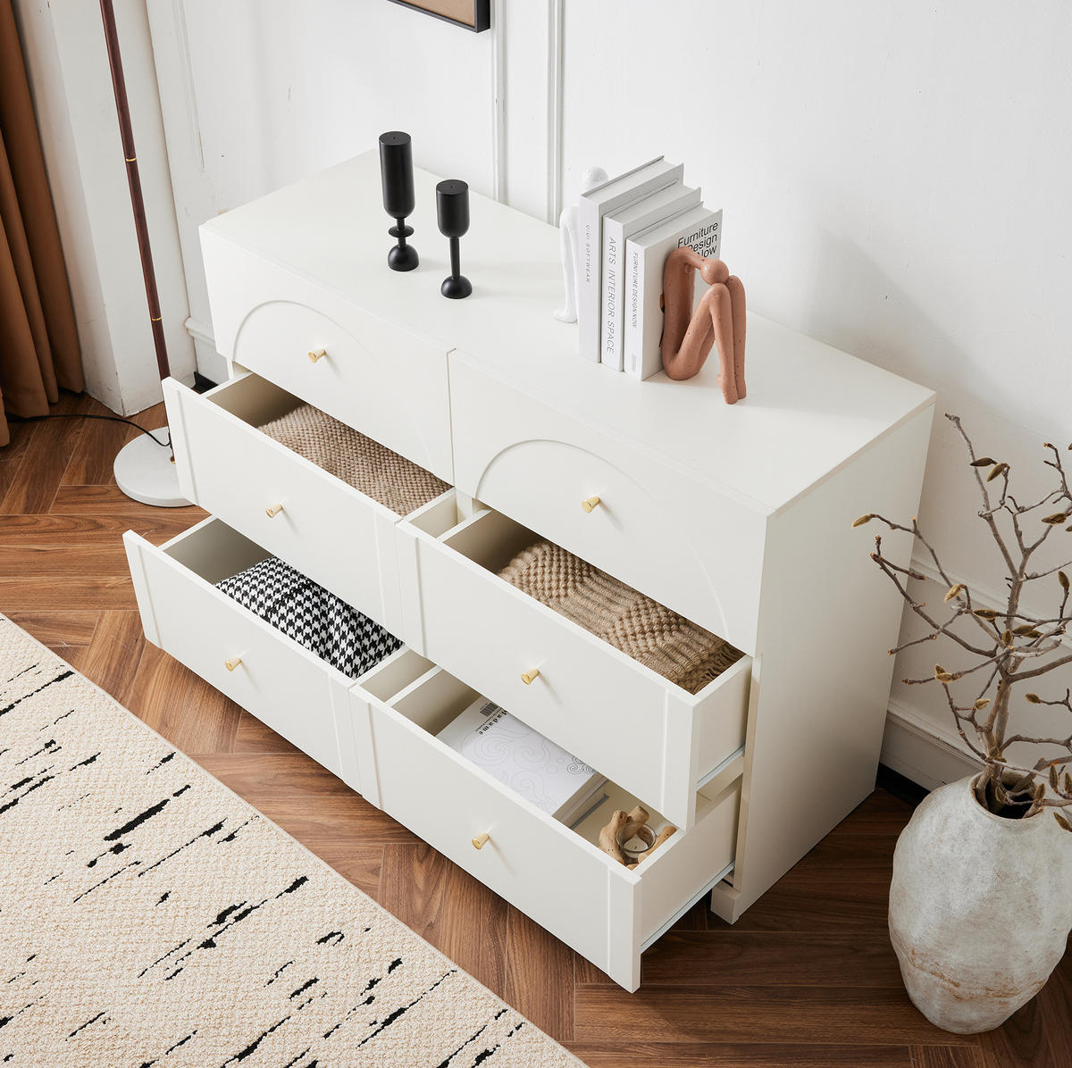 KOMMODE, 6 Schubladen, cremeweiß im romantischen Luxusstil, 120x40x82 cm, Weiß - Weiß, Holzwerkstoff (40/82/120cm) - Modfu