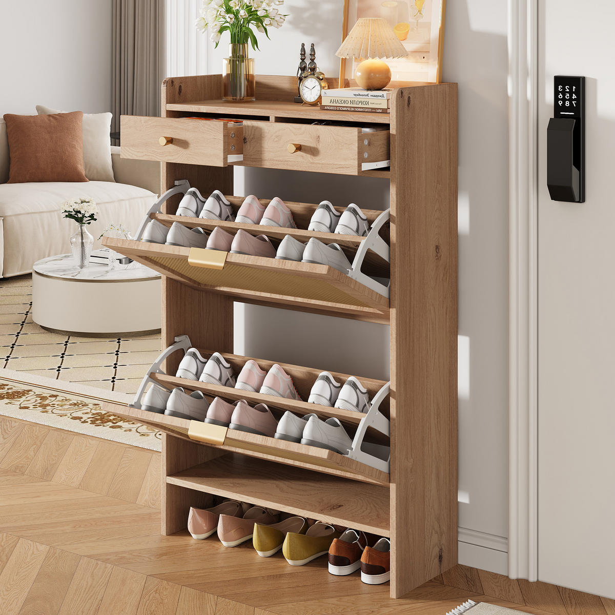 SCHUHSCHRANK 65x25x106cm Holzoptik mit Rattan-Doppeltüren - Naturfarben, Holzwerkstoff (65/106/25cm) - FLIEKS