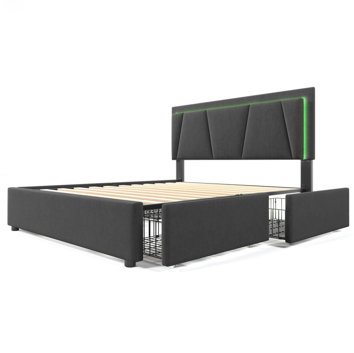 POLNJENA postelja iz lesa 140x200 cm siva z LED osvetlitvijo, 4 predali in nastavljivim vzglavjem - siva, les (140/200cm) - Modfu