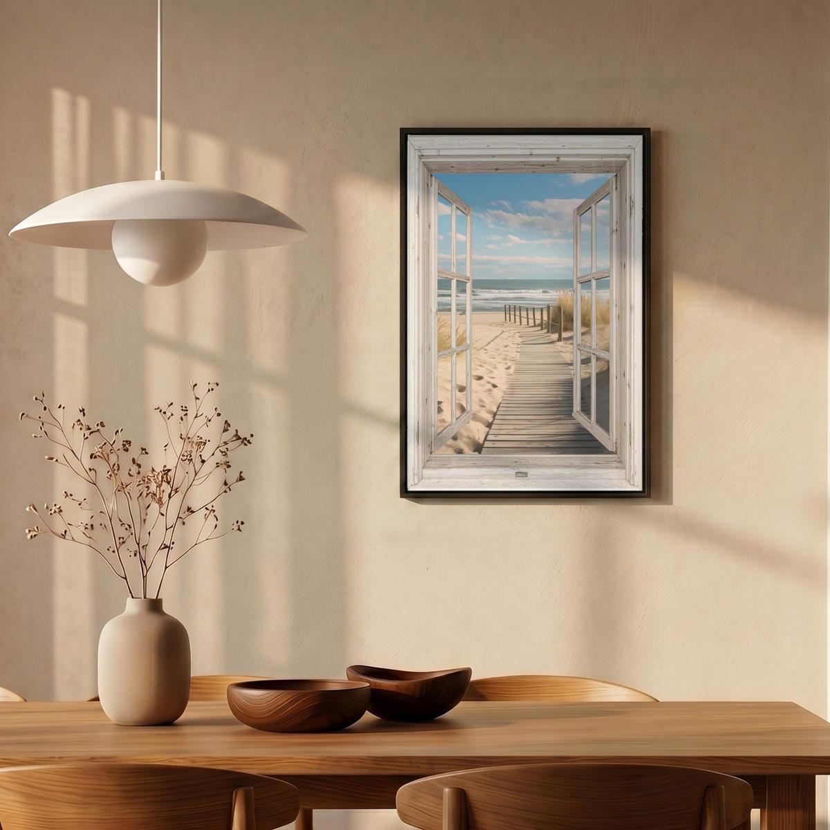 LEINWAND Bilder mit Rahmen - Fenster - Meer - Küste - Natur - Ausblick - Strand - Wattenmeer - 40x60 - Beige, Textil (40/60cm) - MuchoWow