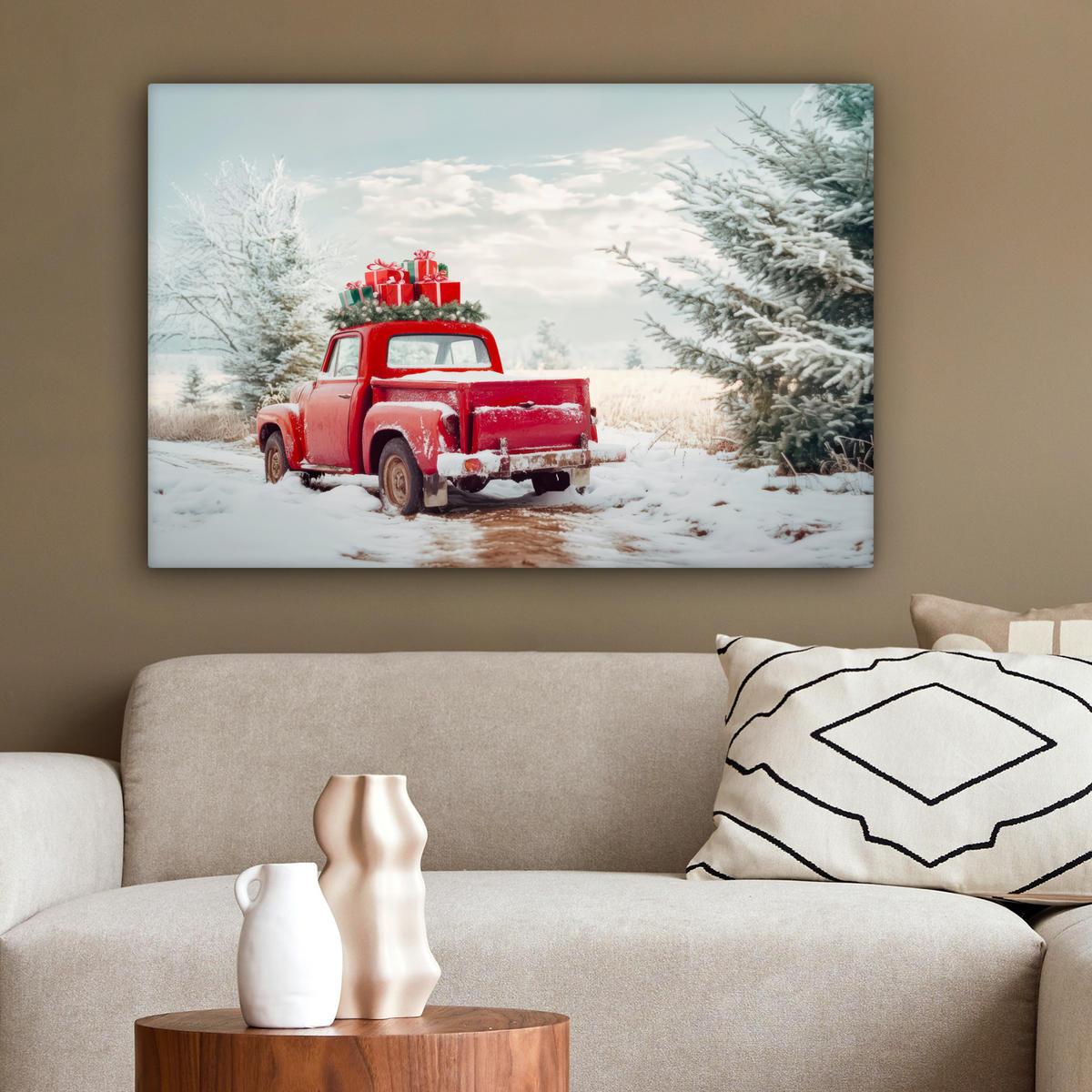 LEINWANDBILD Auto - Rot - Geschenke - Winter - Schnee - Weihnachten Wanddeko 90x60 cm - Rot, Textil (90/60cm) - MuchoWow