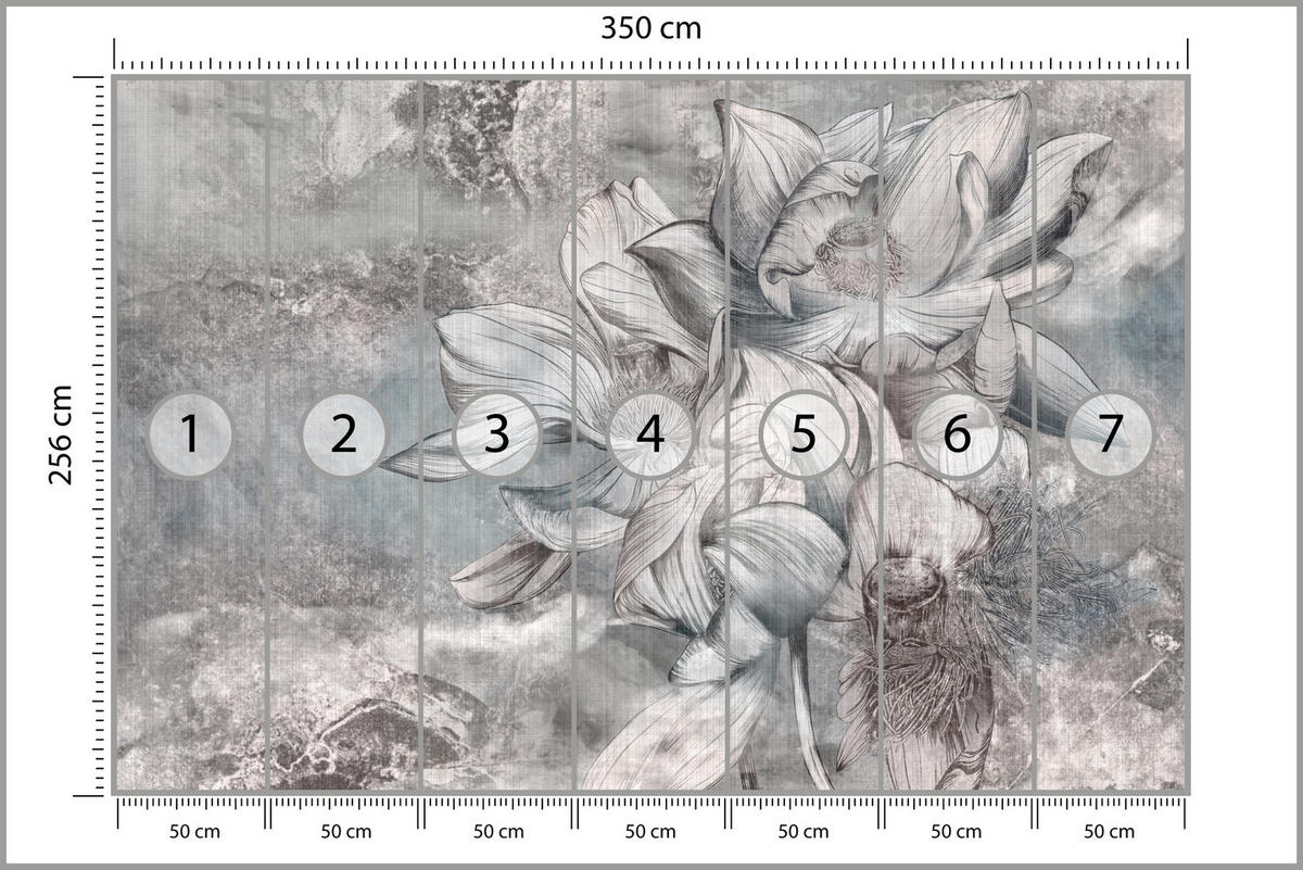 FOTOTAPETE für Wohnzimmer Wunderschöne Blume Betonwand Retro 350x256 - Grau, Papier (350/256cm) - Muralo