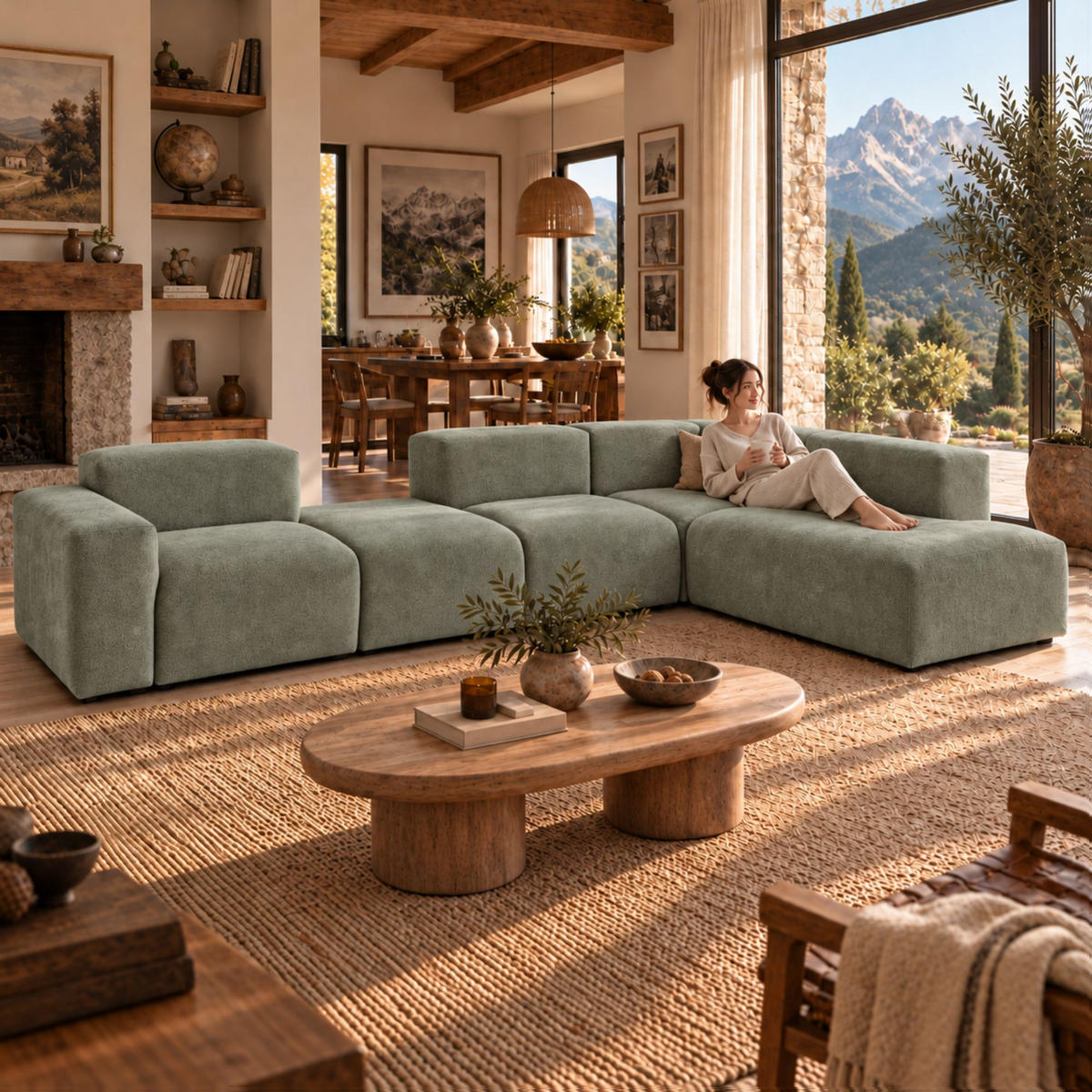 5-SITZER modulares Ecksofa HEAVEN SET 5 Rechts, Breite 380 cm Webstoff Grün - Schwarz/Grün, Holz/Kunststoff (245/380cm) - Muffo