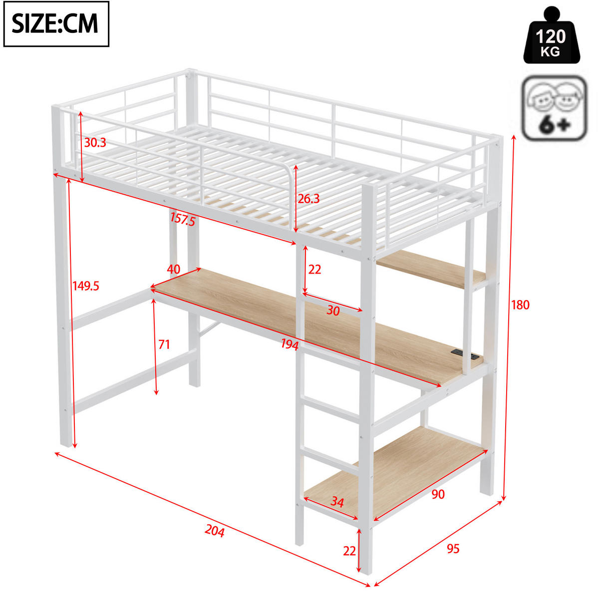HOCHBETT aus Metall und MDF 90x200 cm Weiß mit LED-Beleuchtung, USB, Steckdose, Schreibtisch und Regal - Weiß, Metall (90/200cm) - Modfu