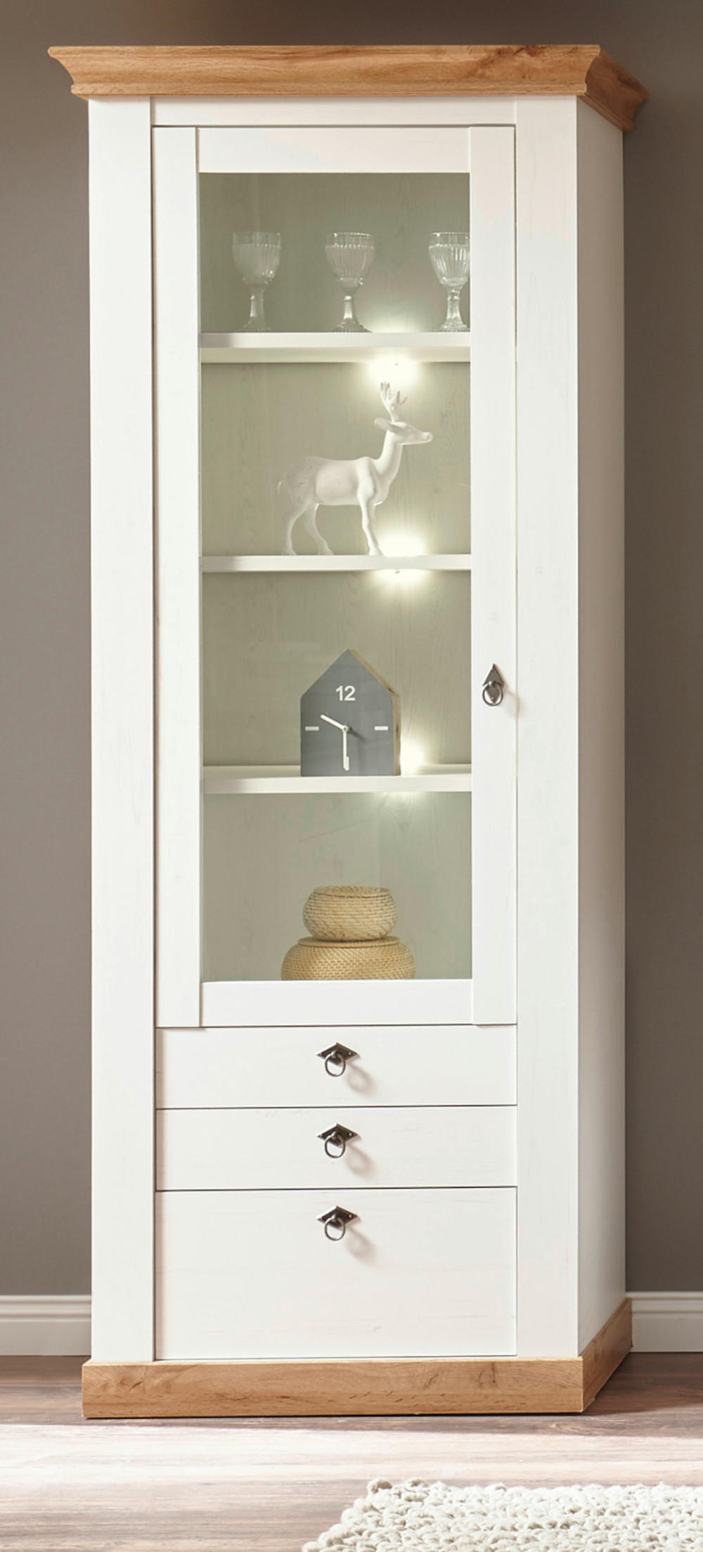VITRINE weiß Pinie, Eiche 82 cm, Vitrinenschrank im Landhaus-Stil - Silberfarben/Eiche Wotan, Holzwerkstoff/Metall (82/204/44cm) - Furn.Design