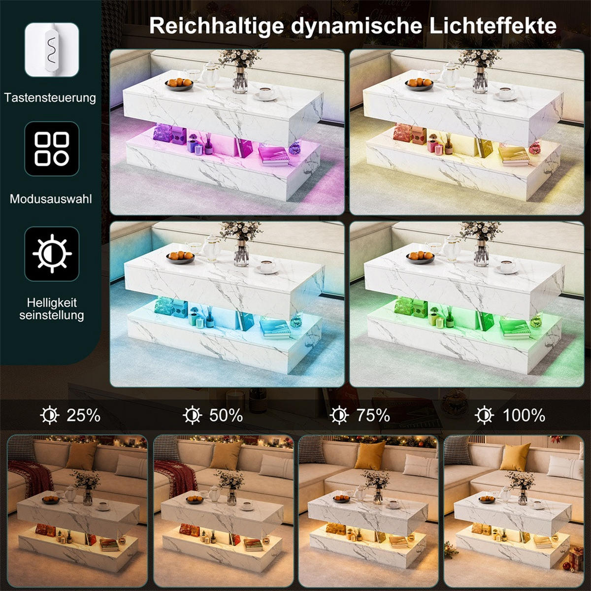 COUCHTISCH mit LED-Beleuchtung - Rechteckiger Couchtisch in Marmoroptik mit 2 Schubladen - Weiß - Weiß, Holzwerkstoff (50/100/45cm) - DELFA