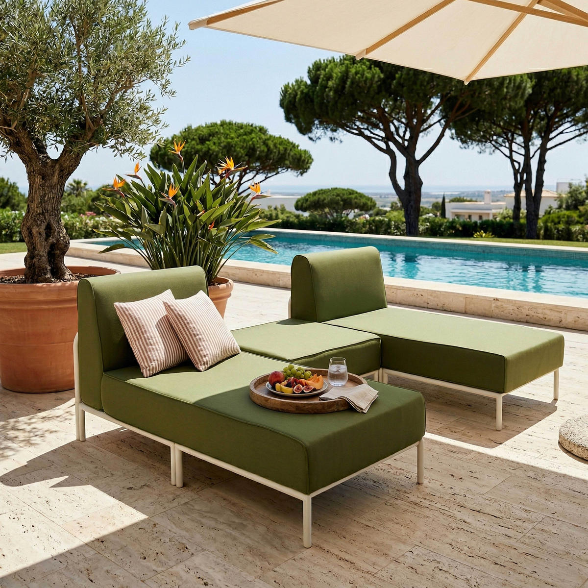 GARTENSOFA mit 3 Sitzplätzen, Khakigrün - Grün, Textil (128/78/144cm) - Oviala