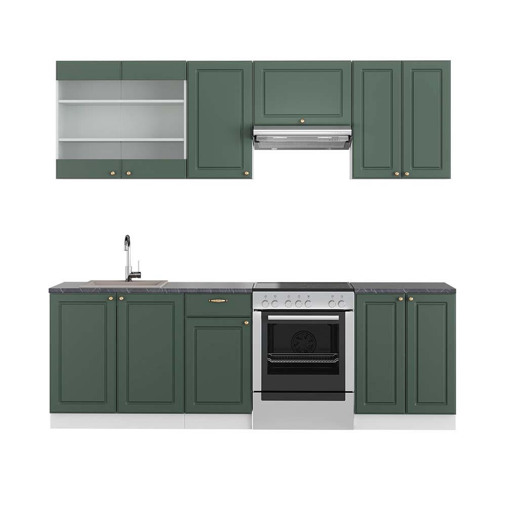KÜCHENZEILE Fame-Line Grün-Gold Landhaus/Weiß 240 cm, AP Anthrazit - Weiß/Grün, Holzwerkstoff (240/81.6/60cm) - Vicco
