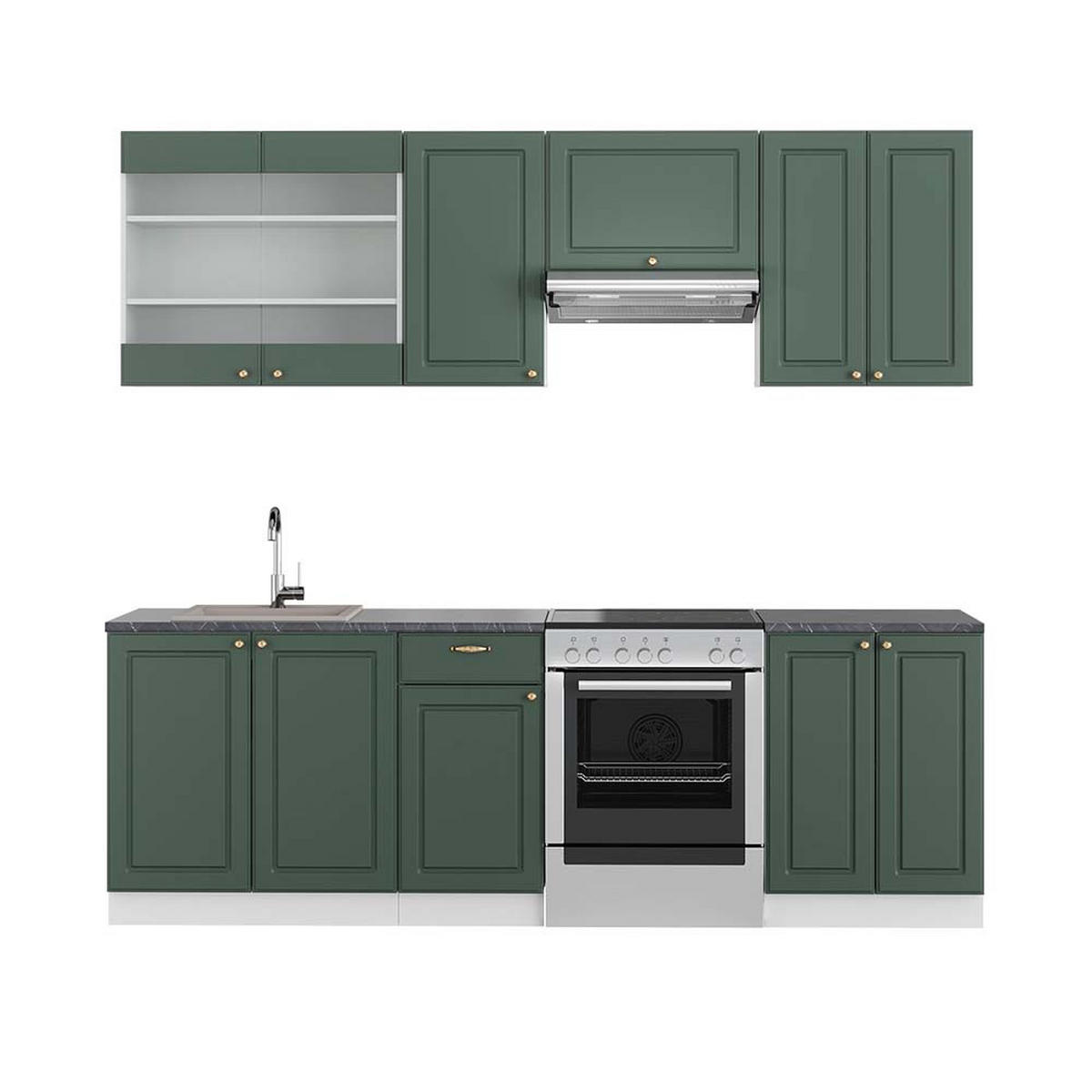 KÜCHENZEILE Fame-Line Grün-Gold Landhaus/Weiß 240 cm, AP Anthrazit - Weiß/Grün, Holzwerkstoff (240/81.6/60cm) - Vicco