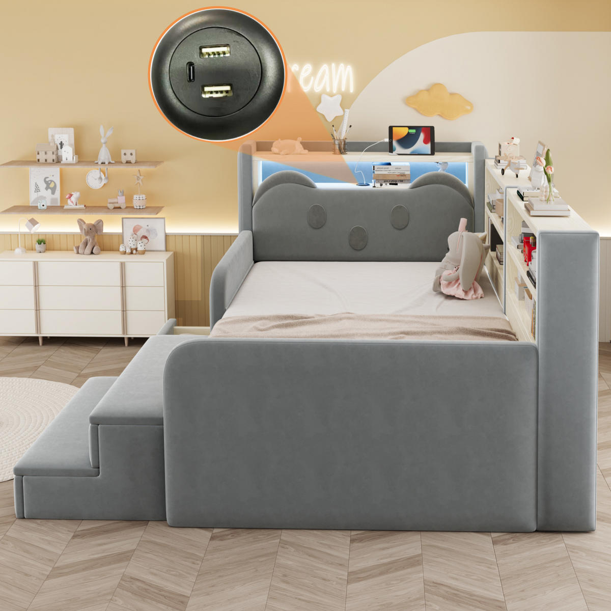 POLSTERBETT 90*200 cm mit LED, USB und Schublade, Hellgrau - Hellgrau, Textil (90/200cm) - FLIEKS