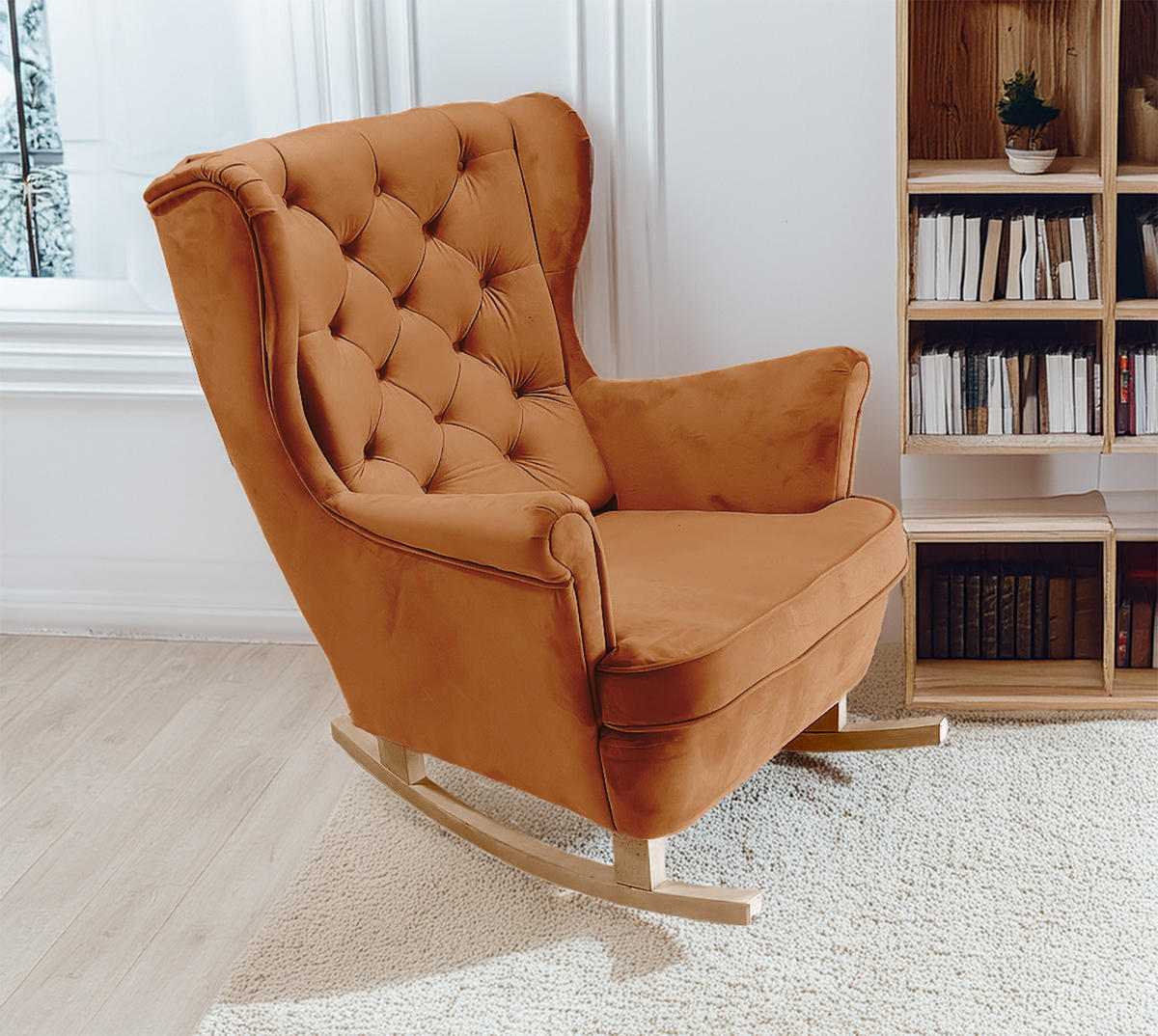 SCHAUKELSESSEL mit gepolstertem Sitz und Armlehnen, 102x81x95 cm, Orange_29824 - Buchefarben/Orange, Holz/Textil (81/102/95cm) - DomoHome