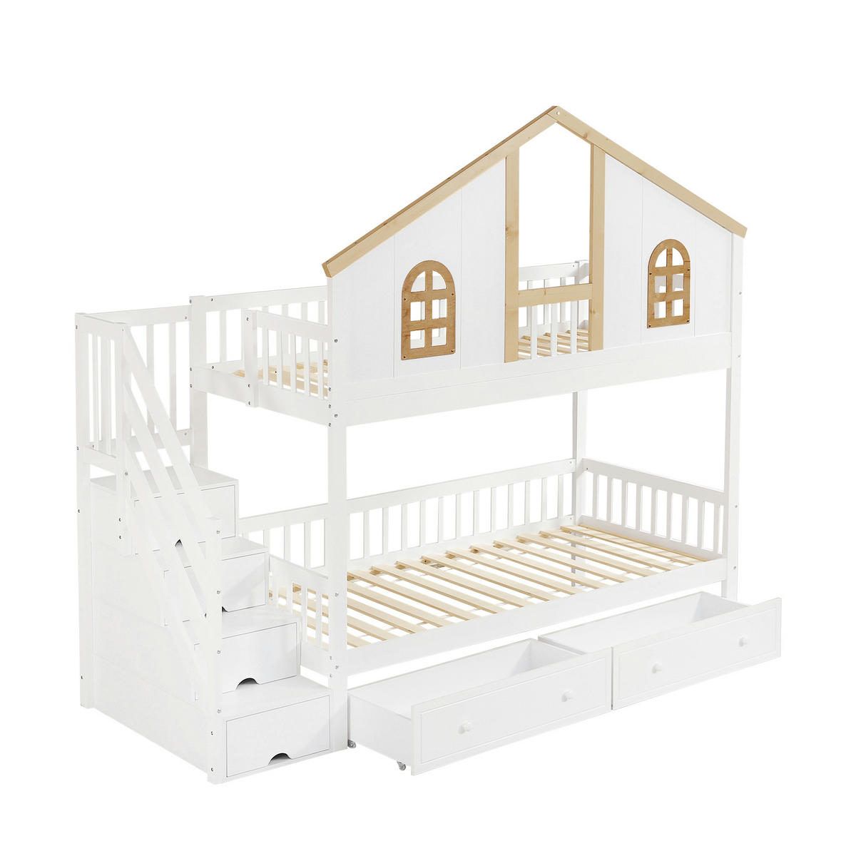 ETAGENBETT 90/200 cm mit Stauraumtreppe, 2 Schubladen, Fenstern und Fallschutz aus Kiefer massiv und MDF, Weiß/Natur - Weiß, Holzwerkstoff (90/200cm) - Redom