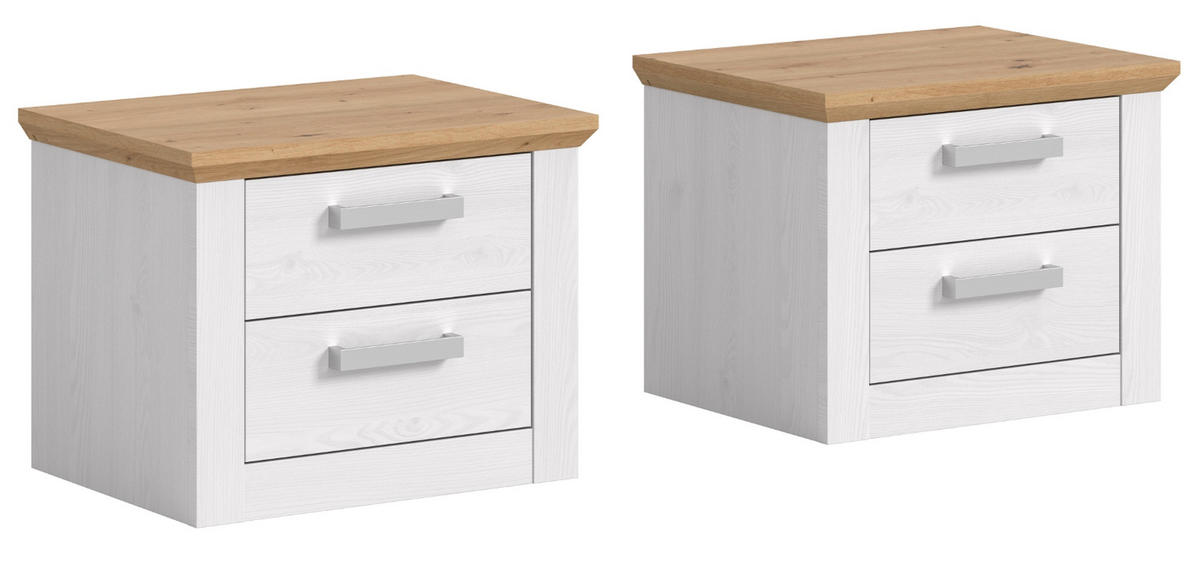 NACHTTISCH 2er Set weiß Lärche, Eiche Artisan Landhaus 56 x 43 cm, 2x Nachtkommode mit Schubkästen - Eichefarben/Silberfarben, Holzwerkstoff/Kunststoff (56/43/39cm) - Inn.Furn