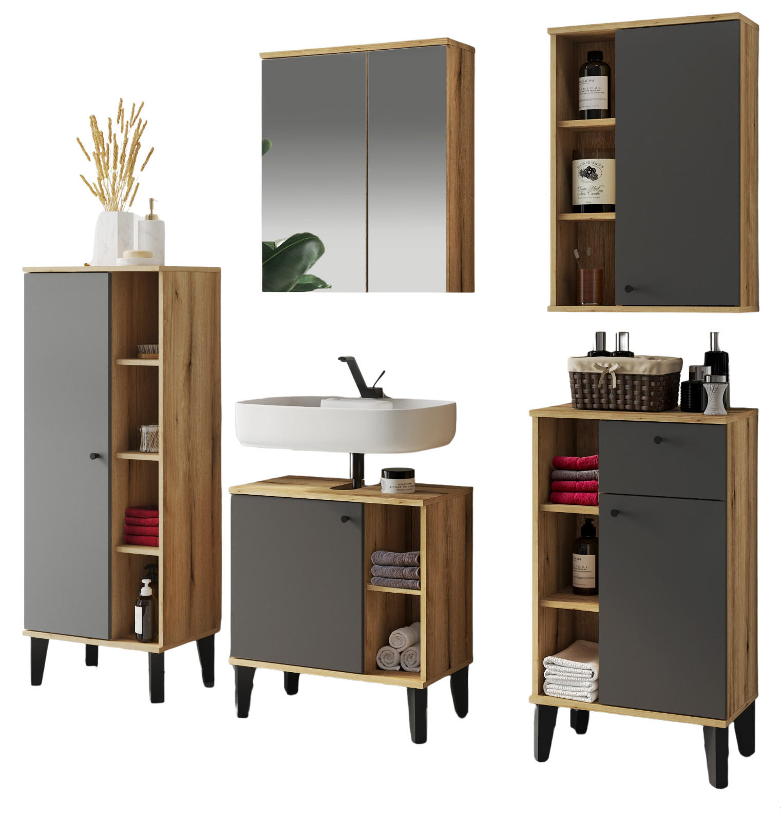 BADMÖBEL-SET 5-teilig grau, Evoke Eiche, Badkombination, 182 x 190 cm - Eichefarben/Grau, Glas/Holzwerkstoff (182/190/33cm) - Furn.Design