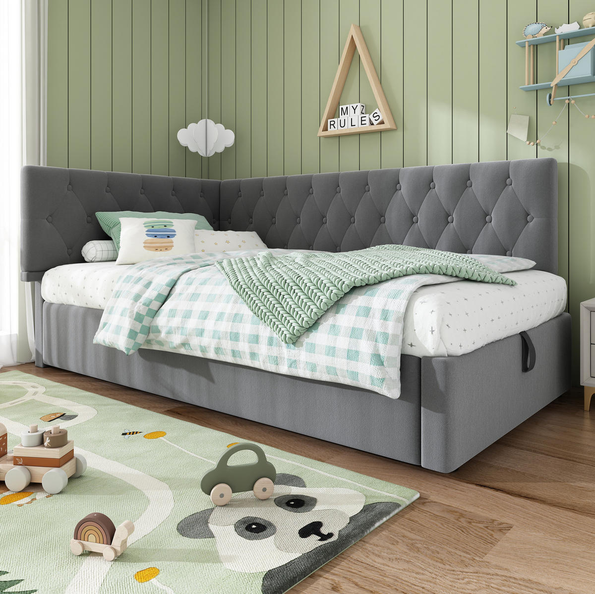 POLSTERBETT aus Samt 90x190 cm Grau mit hydraulischem Bettkasten und Lattenrost - Grau, Textil (90/190cm) - IVMEU