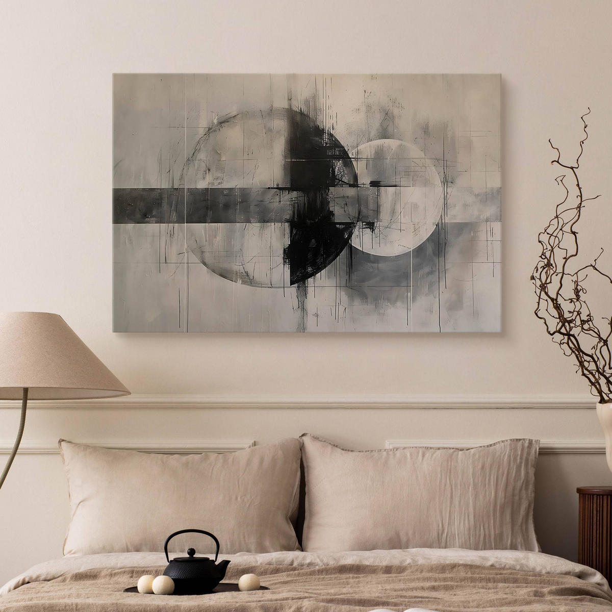 LEINWANDBILD Abstraktion Moderne Muster 100/70 cm - Beige/Schwarz, Textil (100/70cm) - Muralo