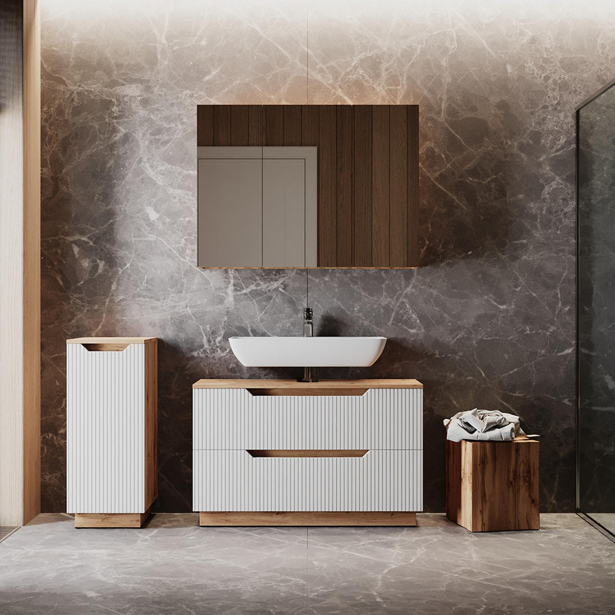 BADMÖBEL-SET Lotta Eiche/weiß gestreift 3 Teile - Eichefarben/Weiß, Holzwerkstoff (99.4/62.5/32cm) - Vicco