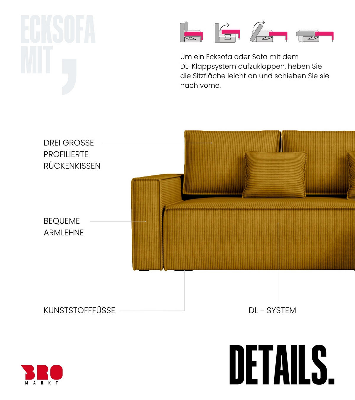 ECKSOFA Dexter mit Schlaffunktion Gelb Cord - Gelb, Textil (238/141cm) - Bromarkt