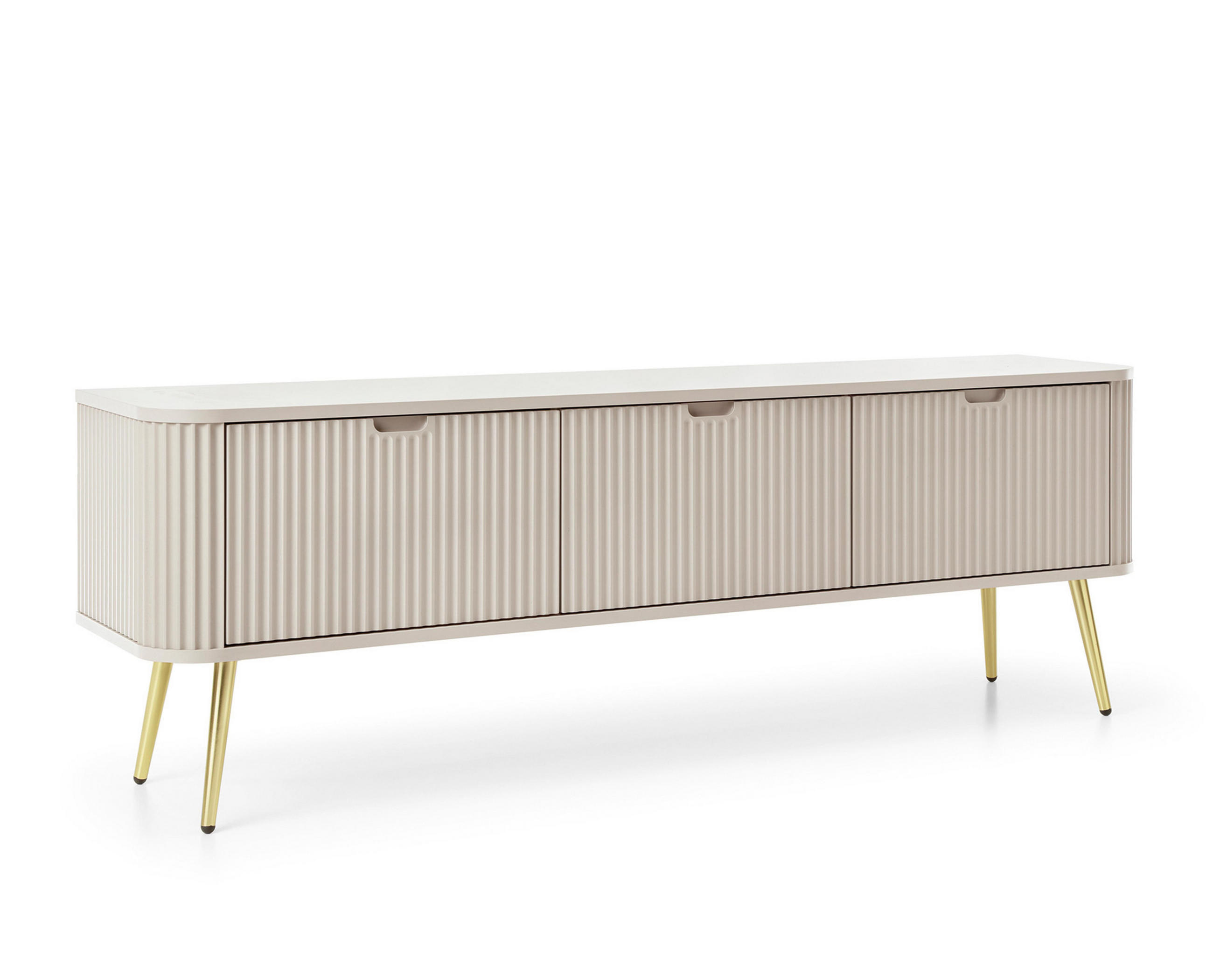 LOWBOARD Salvia 3T Beige, Gold 168/56/39 cm – mit geriffelten Fronten und hohen Beinen - Beige/Goldfarben, Holzwerkstoff/Metall (168/56/39cm) - AX Living